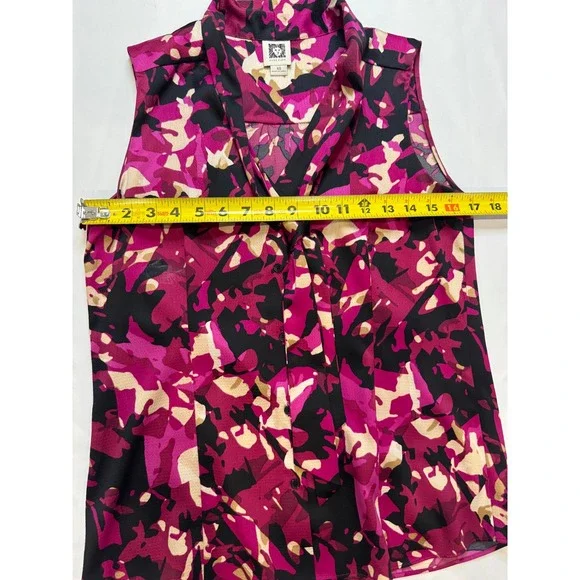 Anne Klein Blouse Women XS Pink Black Excellent Tie Neck Abstract Sleeveless - Picture 7 of 8